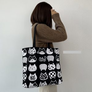 Túi xách canvas màu đen họa tiết đầu mèo